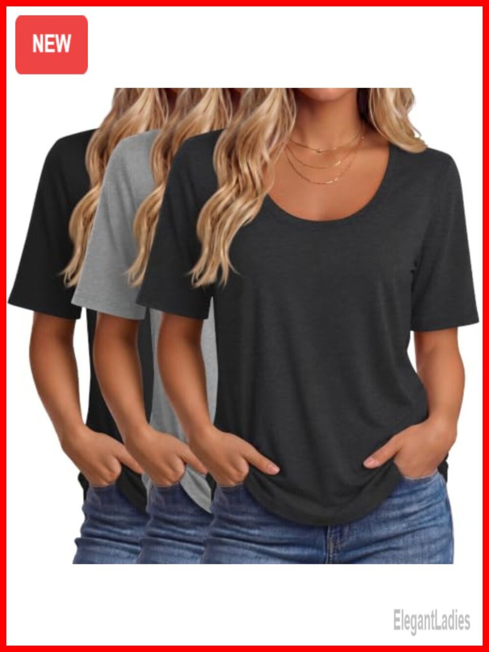 Women's Half Sleeve Scoop Neck T-Shirts 3 Pack Polyester Cotton Spandex